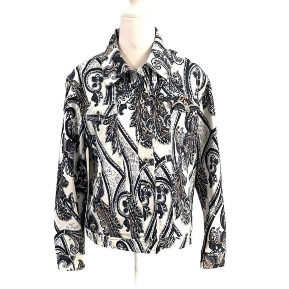 St. John Sport Vintage White & Blue Leaf Print Button Front Jacket